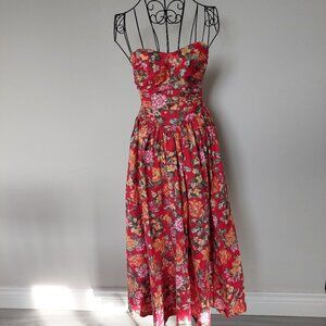 1980s Laura Ashley Dress US 8 Red Floral Sweetheart Neckline Made In GB